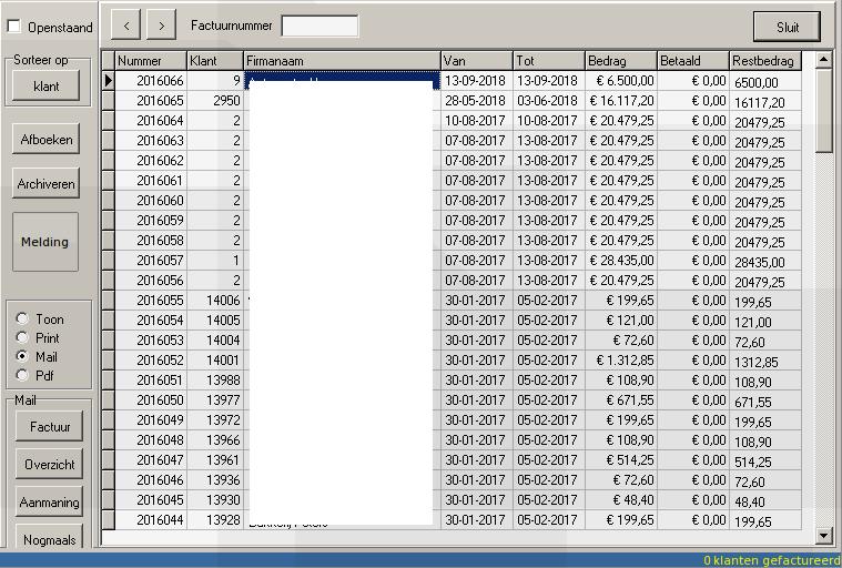 Klant Met deze knop kunt u de sortering van de debiteurenlijst veranderen van factuur nummer naar klant. Afboeken Men kan hier het bedrag invullen wat door de debiteur betaald is.