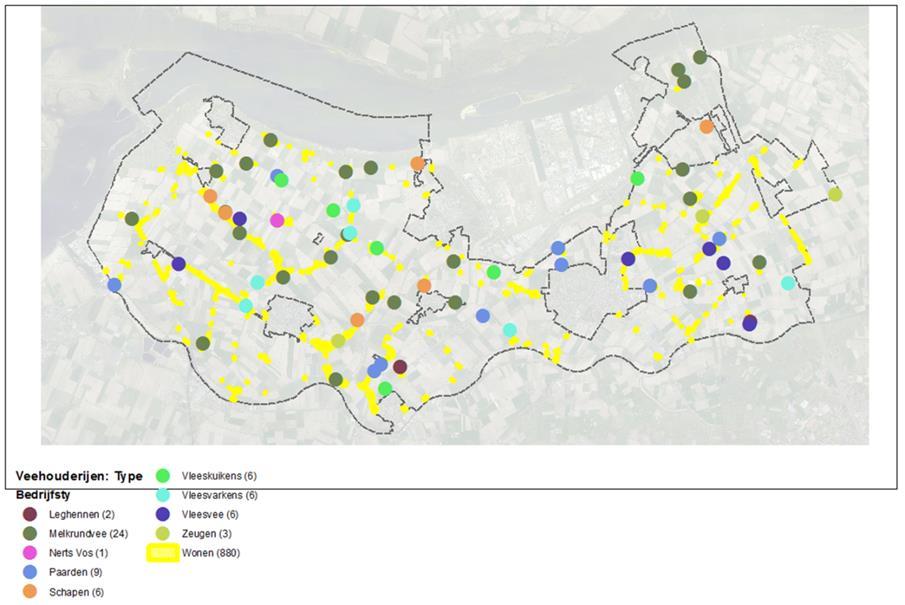 Plangebied met type veehouderijen en burgerwoningen (conform bedrijvenlijst en de woning overeenkomstig het geldende bestemmingsplan) Voorgaande afbeeldingen geven een globaal beeld van de aanwezige