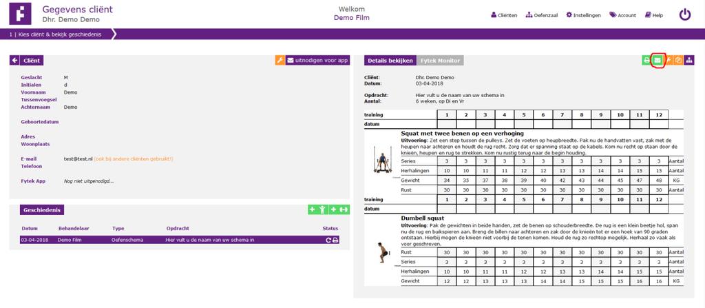 7. E-mailen Als u in de geschiedenis van de cliënt kijkt, kunt u ook de PDF, net zoals bij de huiswerkoefeningen, e- mailen. Dit doet u door rechtsboven op het groene envelopje te klikken.