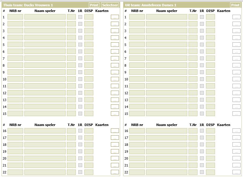 opstelling in het wedstrijdformulier door de teammanager en/of captain. Het selecteren van de spelers in het wedstrijd formulier.