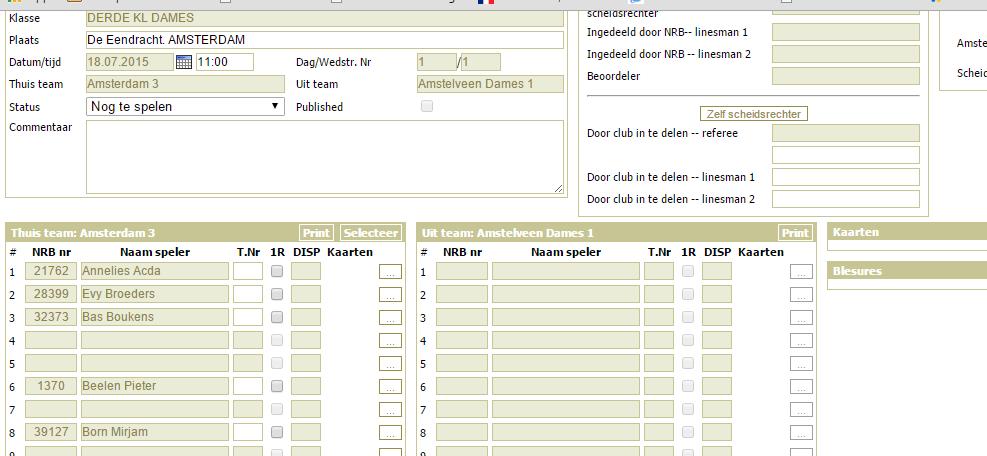 Aanpassen volgorde bij lege plekken. Indien men bezig is om het wedstrijdformulier in te vullen, kan het zijn dat de volgorde niet juist is of dat er nog lege plekken staan.