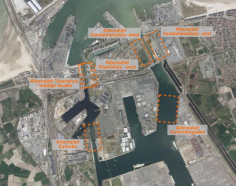 - Visartsluis Oost - (Nx in tunnel) - Vandammesluis Oost - Vandammesluis West - Verbindingsdok - (Nx bovengronds) - Verbindingsdok - (Nx in tunnel) Figuur: de verschillende alternatieven Bron: