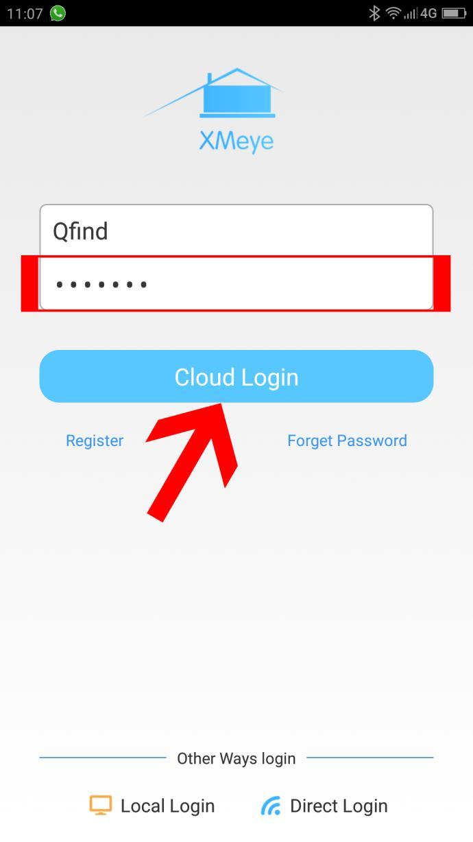 Vul uw wachtwoord in in de onderste witte balk en klik op Cloud Login Opname apparaat