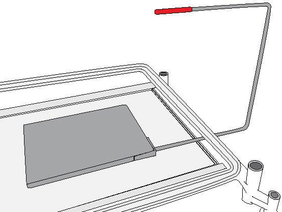 Laat de knop los om de tray volledig te openen (3). Plaats de cassette voor röntgenfoto s (4) op de tray met de onderkant tegen de rand bij het voeteneinde van de tray.