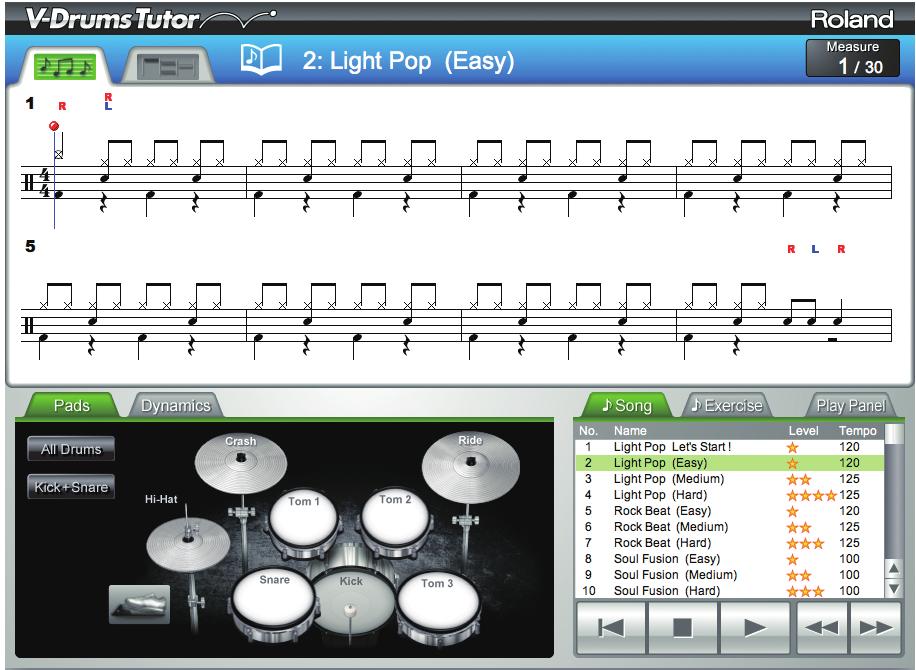 Toepassingsgids Notatiescherm Als u de V-Drums Tutor opstart, verschijnt het drumnotatiescherm.
