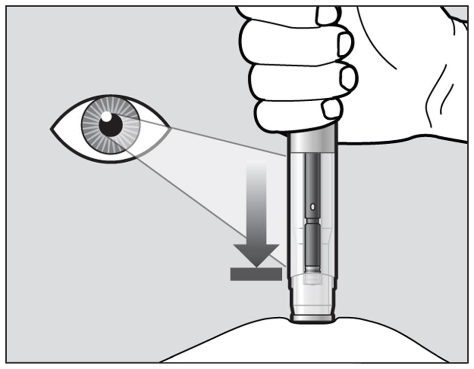 U hoort mogelijk een tweede klik tijdens de injectie, maar u moet de voorgevulde pen stevig tegen de huid gedrukt blijven houden totdat de paarse indicator niet meer beweegt.