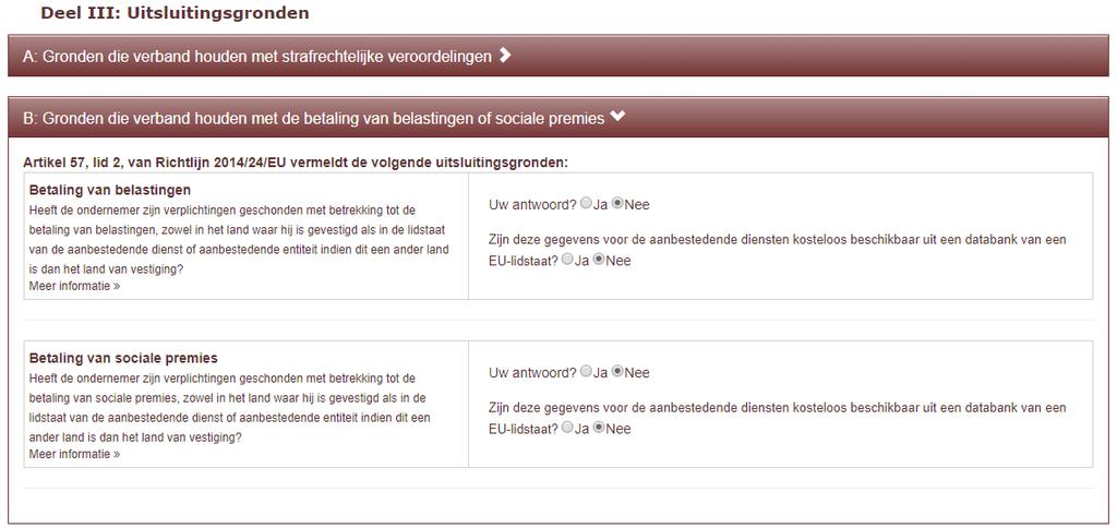 In Deel III van het formulier krijg je een overzicht van de van toepassing zijnde uitsluitingsgronden.