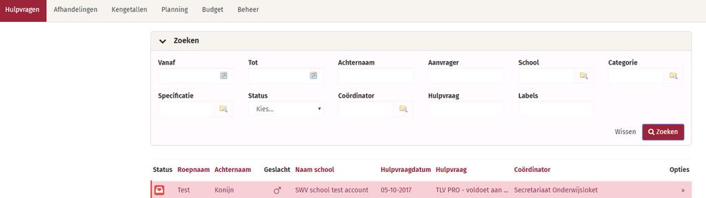 overzicht van ingevoerde hulpvragen. Klik op de aanvraag die je wilt inzien wijzigen.