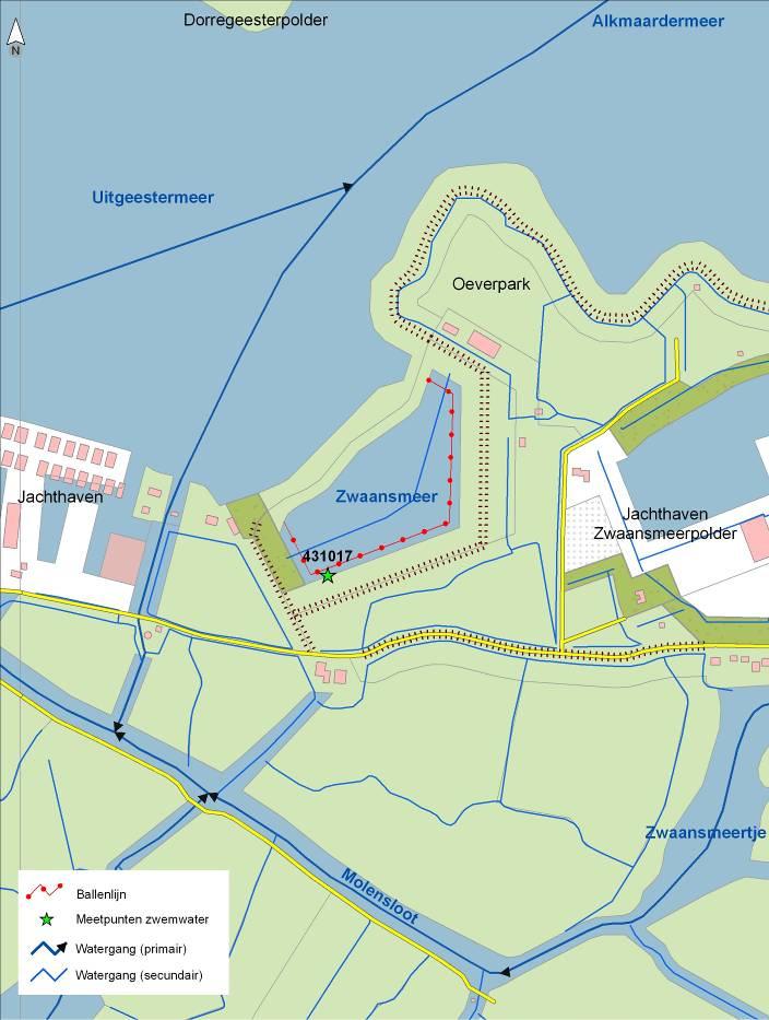 Figuur 3.4 Topografische ligging het Zwaansmeer. De ballenlijn is aangegeven met een rode lijn, het meetpunt met een groene ster (Bron ondergrond: Topografische Dienst Emmen) 3.