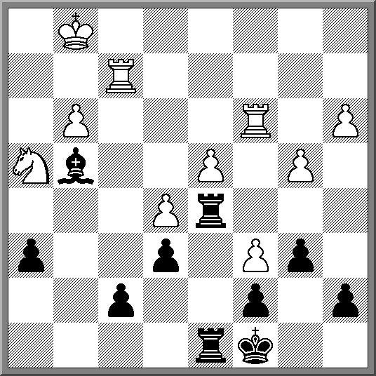 Rh4 Rd8 ( zie diagram ) 32.Nf6+ Nxf6 33.exf6 Bf7 34.Bxh7+ Kf8 35.Bd3 Re8+ 36.Kd1 Bb3+ 37.Kc1 Ba3+ 38.Qb2 Re1+ 0-1 De kritieke stelling in mijn partij.