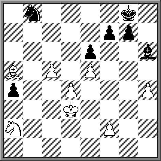 Re2 dxe4 47.fxe4 Rh8 48.Kg3 Rh1 49.Re1 Rxe1 50.Bxe1 c5 51.Bc3 cxd4 52.Bxd4 Ke6 ( zie diagram ) 53.Kf3 Na5 54.b4 Nc4 55.Bc3 Nxa3 56.Ke2 Nc4 57.Kd3 Ne5+ 58.