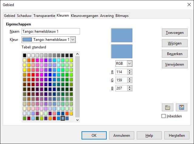 Ga, om nauwkeuriger kleuren te verwijderen, te bewerken en kleuren toe te voegen, naar Opmaak > Vlak op de Menubalk om het dialoogvenster Gebied te openen, klik vervolgens op het tabblad Kleuren