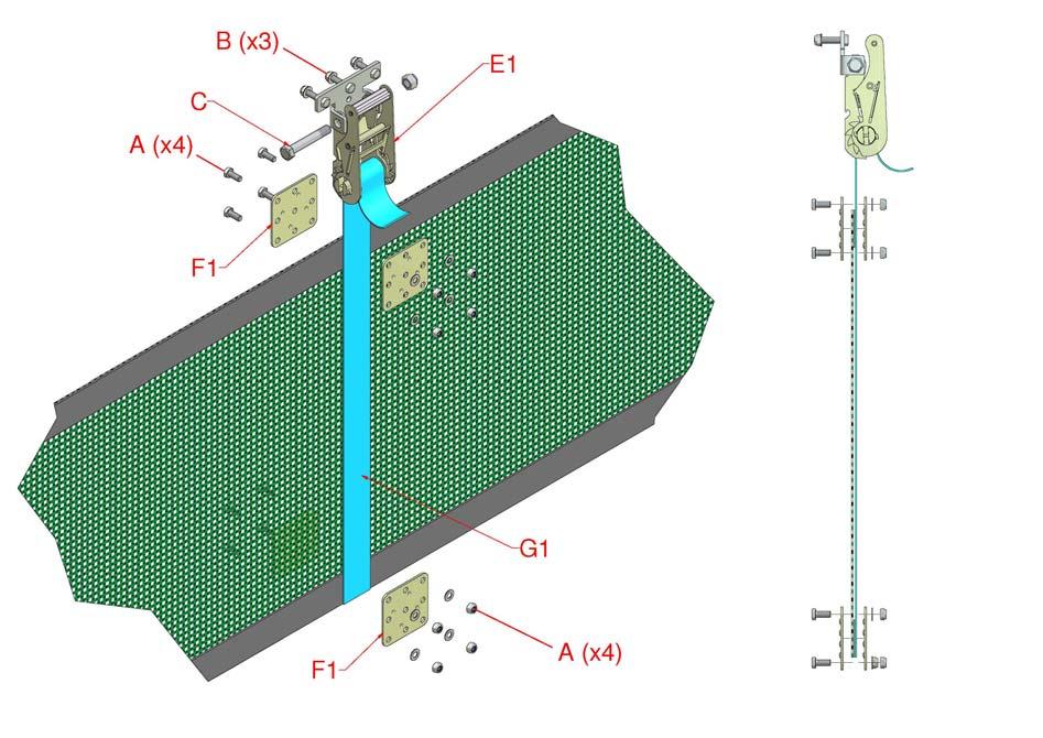 Afbeelding 9, extra bovensteun 12. Bevestig de webbing aan de twee bovenste webbingbanden op het scherm met de klemplaten (F1), zoals weergegeven op afbeelding 9.