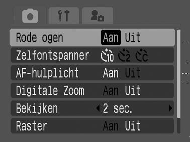 1 Selecteer [Rode ogen] in het menu [(Opname)]. Zie Menu's en instellingen selecteren (Verkorte handleiding: p. 16). 2 Gebruik de knop of om [Aan] te selecteren en druk vervolgens op de knop MENU.