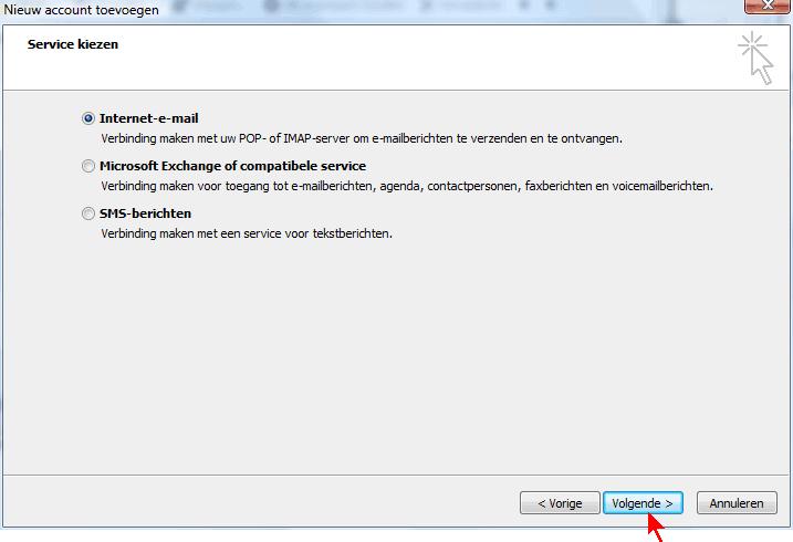 Selecteer de optie Internet-e-mail Klik op Volgende