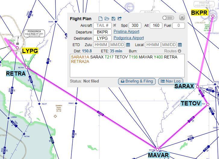 2.2 IFR 2: van Pristina naar Podgorica (BKPR LYPG) IFR From to t/o SID rte STAR Lnd FL (min.