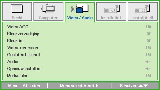 Het menu Video/Audio Voer de volgende stappen uit om het menu Video/Audio te openen en de instellingen aan te passen: 1. Open het OSD-menu. 2. Druk op de knop of om het menu Video/Audio te selecteren.