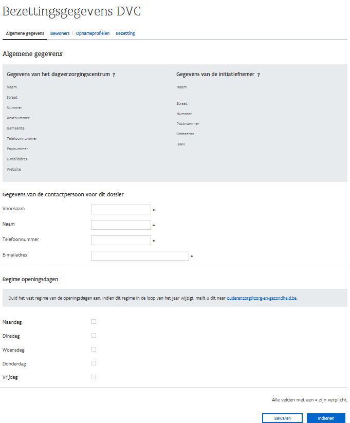 Invoer algemene gegevens Nadat u geklikt hebt op de link om een dossier bezettingsgegevens voor een bepaald werkingsjaar aan te maken, verschijnt