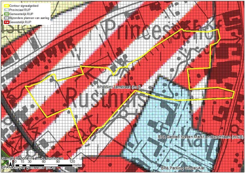 Figuur: situering signaalgebied op gewestplan met aanduiding van goedgekeurde BPA s en RUP s en weergave van de bebouwingstoestand volgens het Grootschalig Referentiebestand GRB.