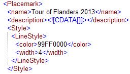 Vandaar dat per Placemark-element de stijl dient ingevuld te worden: De geometrie wordt ingekleurd volgens het color-element (beschreven aan de hand van vier gecombineerde waarden: aabbggrr: aa =
