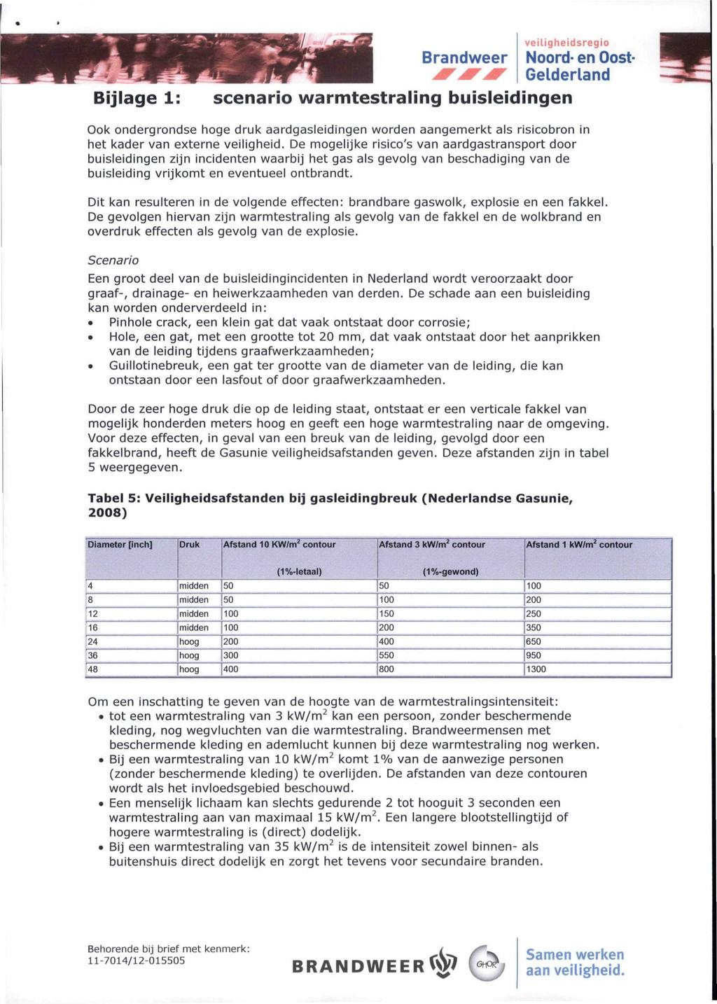 Bijlage 1: Brandweer scenario warmtestraling buisleidingen Ook ondergrondse hoge druk aardgasleidingen worden aangemerkt als risicobron in het kader van externe veiligheid.