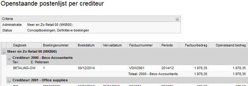 verwerkt op grootboekrekening voor debiteuren, crediteuren en per debiteur of crediteur.