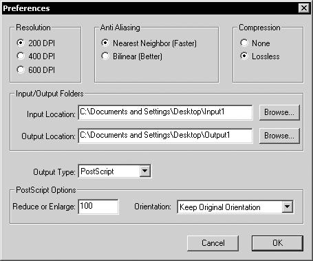 7-4 Werken met EFI TIFF/IT Converter VOORKEUREN INSTELLEN 1. Kies Preferences in het menu Options. Het dialoogvenster Preferences wordt weergegeven. Resolution: selecteer 200, 400 of 600 dpi.