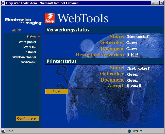 9-3 Fiery WebTools openen Fiery EX12 Fiery EX2000d Klik op Float (Zweven) als u een nieuw browservenster voor de statusgegevens wilt openen.
