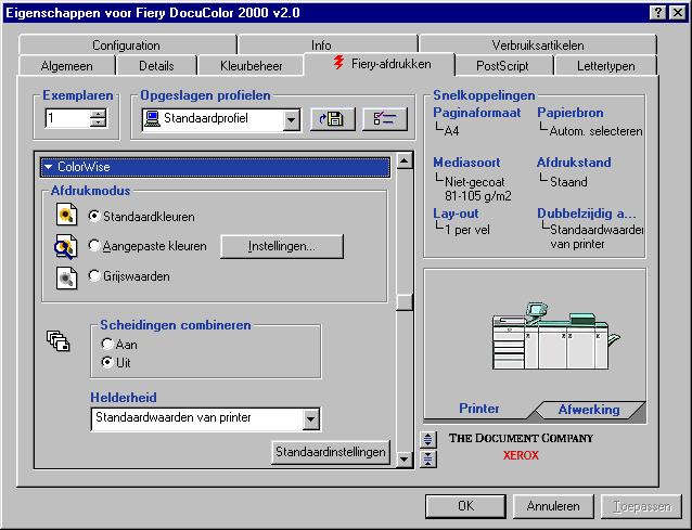 0/2000 of Windows XP) bepaalt welke tabbladen en afdrukopties worden