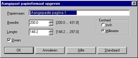 1-19 Aangepaste paginaformaten definiëren en afdrukken 4. Klik op Custom (Aangepast). Het dialoogvenster Enter Custom Paper Size (Aangepast paginaformaat opgeven) wordt weergegeven.