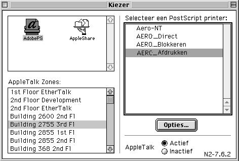 2-2 Afdrukken vanaf Macintosh- computers 3. Klik op het pictogram AdobePS. OPMERKING: zorg ervoor dat Actief is geselecteerd bij AppleTalk. 4.