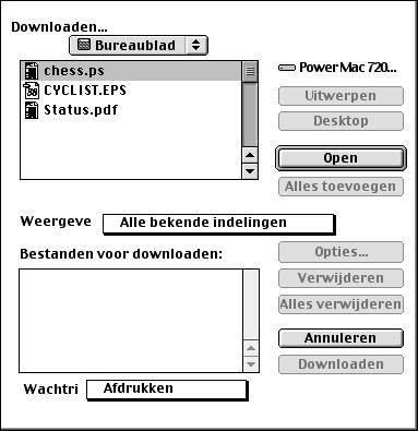 4-5 Werken met Fiery Downloader 4. Kies het bestandstype dat moet worden weergegeven in de lijst Files of type (Bestandstypen - Windows) of Show (Toon - Macintosh).
