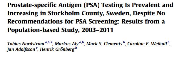 In practice : data from Sweden Males living in Stockholm County in 2011 (n=1 034 129), of which 229 872 had a PSA test during the period 2003 2011 The high