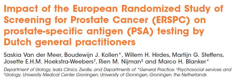 Clinical Practice: data from NL Na ERSPC publicatie: daling van aantal PSA testen en doorverwijzingen: echter het laatste ook bij mannen met PSA >= 4 ng/ml Follow-up testing was minder