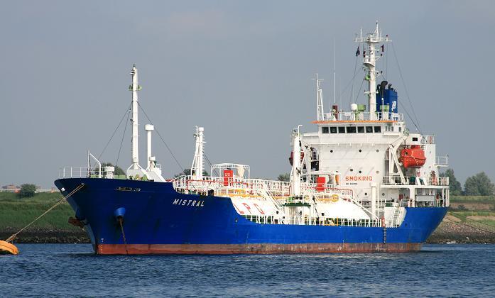 MISTRAL, IMO 9009190 (NB-149), 9-1990 te water gelaten, 12-1990 opgeleverd door Kanrei Shipbuilding Co. Ltd., Naruto (K348) als DERWENT aan Komaya Shipping Co. (Pte.) Ltd.