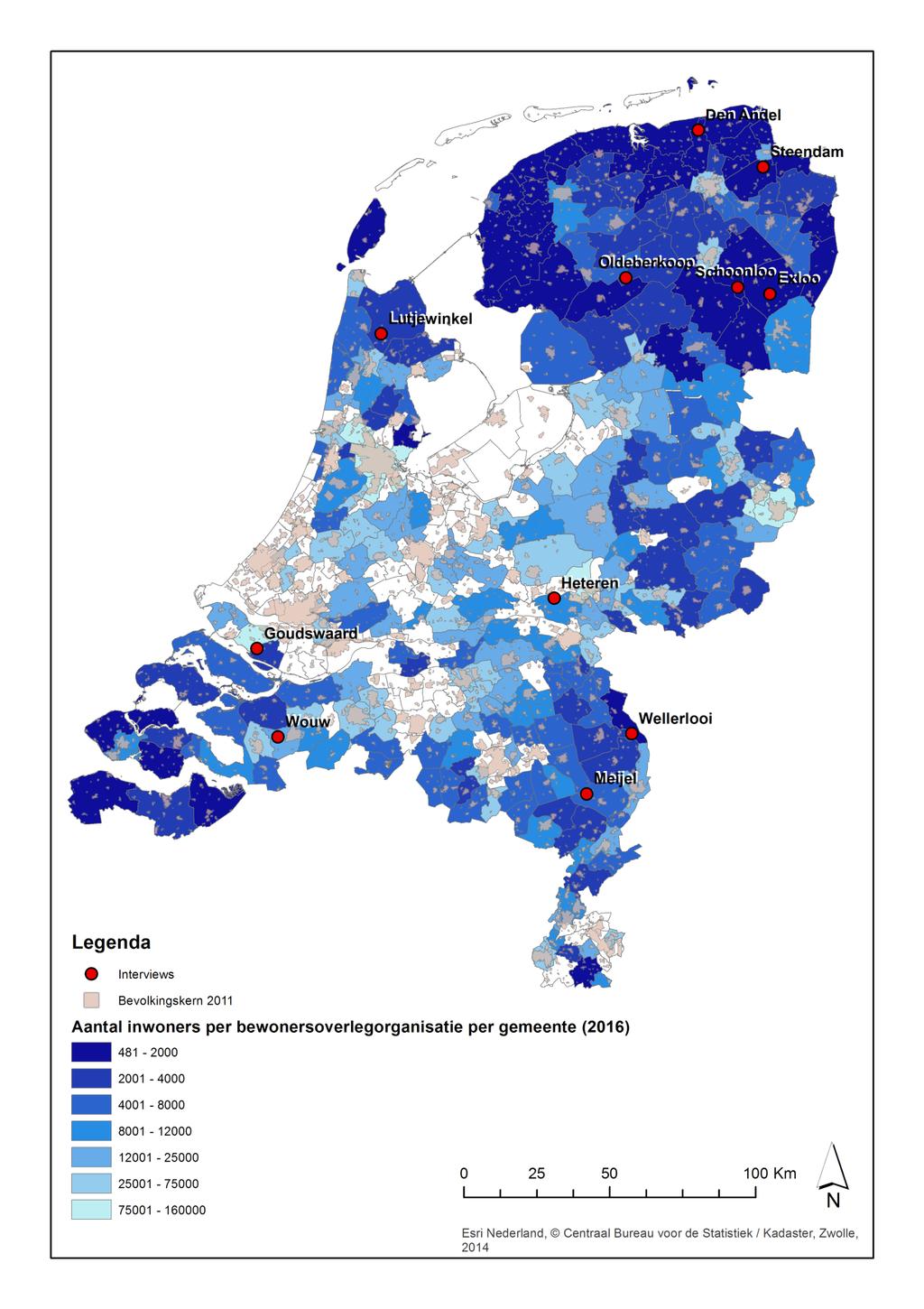Figuur 1: Aantal inwoners per bewonersoverlegorganisatie in Nederlandse dorpen.