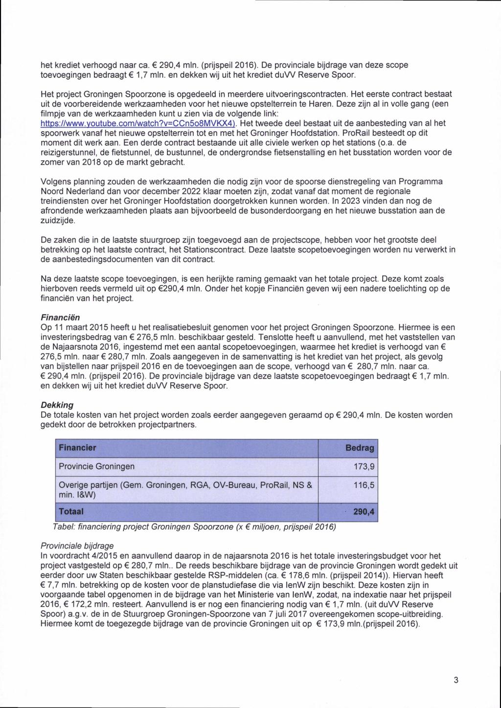 het krediet verhoogd naar ca. 290,4 min. (prijspeil 2016). De provinciale bijdrage van deze scope toevoegingen bedraagt 1,7 min. en dekken wij uit het krediet duw Reserve Spoor.