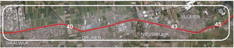 Gebied Oostelijke Langstraat met de globale ligging van knooppunten 40, 43 en 45. De Oostelijke Langstraat tussen Den Bosch en Waalwijk 1.
