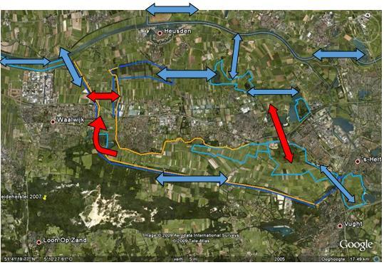 Eindbeeld ecologische verbindingszones Oostelijke Langstraat en omgeving. Rode verbindingszones worden gerealiseerd binnen de GOL, blauwe verbindingszones betreffen andere projecten c.q.