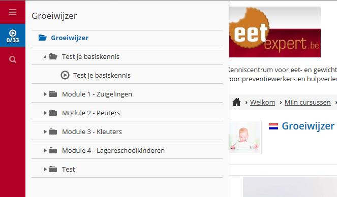 6 3. Via het play -icoon In de linkerbalk bovenaan kan je ook een overzicht zien van de verschillende modules en kan je navigeren tussen de verschillende pagina s.