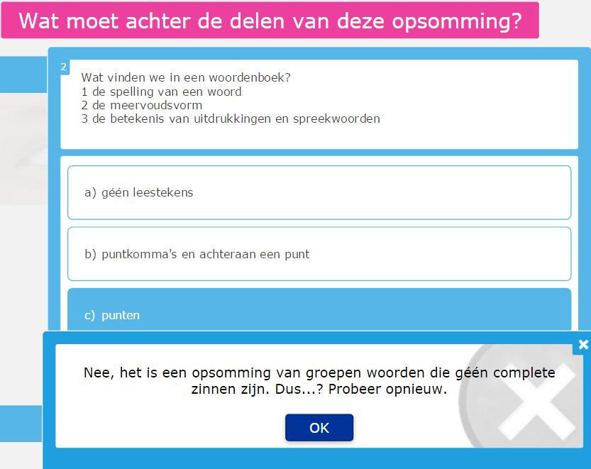 Oefening C2 is een meerkeuzeoefening over het gebruik van leestekens bij opsommingen.