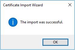 12. Klik op Finish : 13. Klik op OK : 14. Controleer of het certifcaat, inclgsief private key, correct geïmporteerd is.