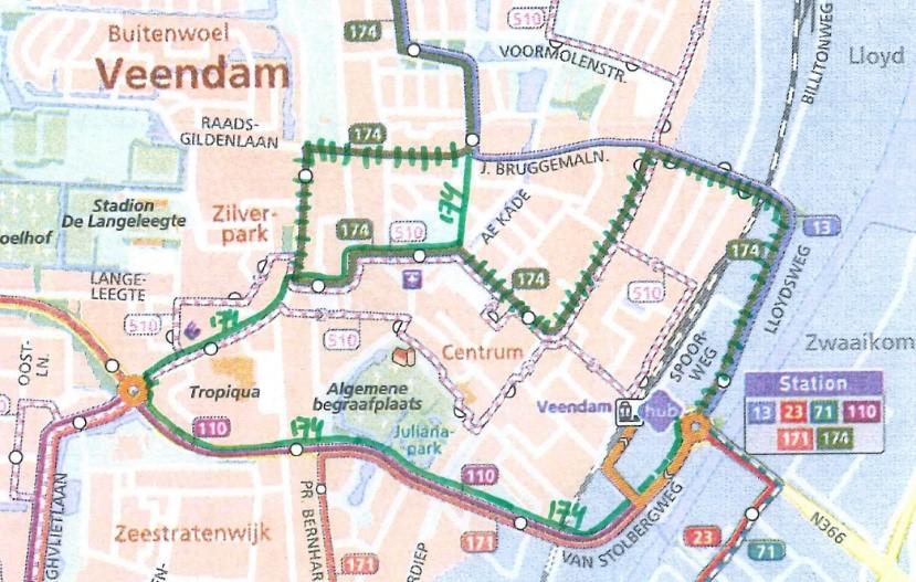 Routewijziging lijn 174 in Veendam In 2020 komt er een nieuw scholen- /sportcomplex nabij het oude busstation in Veendam.