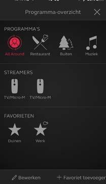 Programma wijzigen Via het ReSound Smart 3D startscherm kunt u direct programma s wijzigen en heeft u toegang tot Favorieten op drie eenvoudige manieren: Bovenste menu Veeg heen en weer voor alle