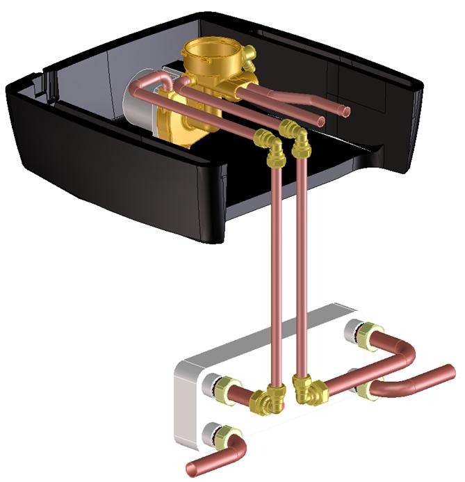4 Monteren en aansluiten wisselaar op boiler De meegeleverde warmtewisselaar wordt met bijbehorende leidingwerk en koppelingen aangesloten op de boiler.