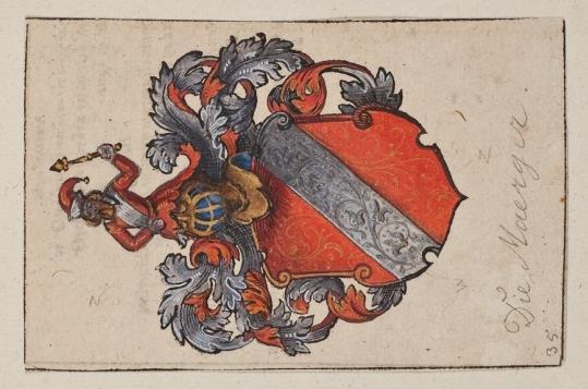 P 145 fol 012r --- Die Maerger, s.l., tussen ca1590-1620 Oostenrijk. In rood een zilveren linkerschuinbalk.