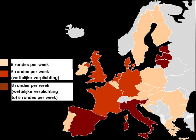Figuur 24 - Aantal bestelrondes per week in Europa, volgens het van kracht zijnde regelgevingskader Bron: La Poste, USO Net Cost in the postal sector, where do we stand?