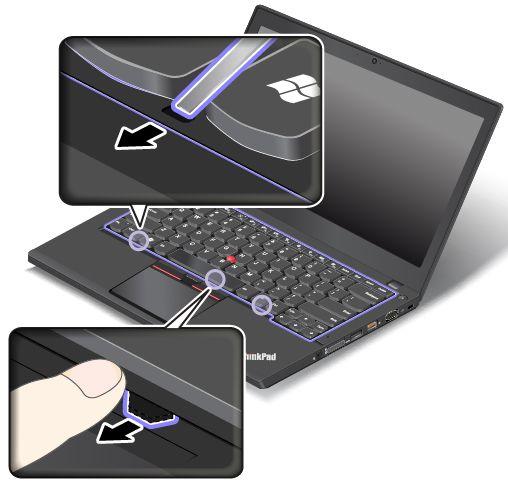 5. Schuif het toetsenbordframe 2,5 mm naar achteren met behulp van het platte uiteinde van het toetsenbordgereedschap om de grendels van het toetsenbordframe onder de toetsenbordrand te