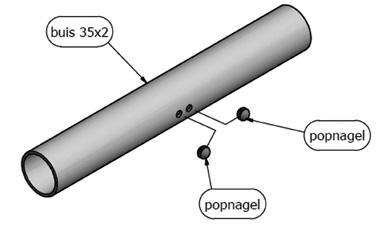 met een lengte van 250 mm. Deze buis is voorzien van twee aluminium verdikkingen.