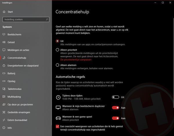 Focus Assist Windows 10, nieuwe functies 3: Zat al in Windows 10 als Stille uren,